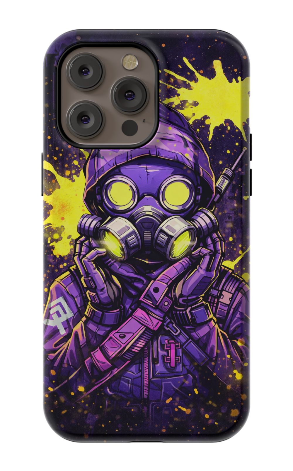 Masked figure in cyberpunk cityscape