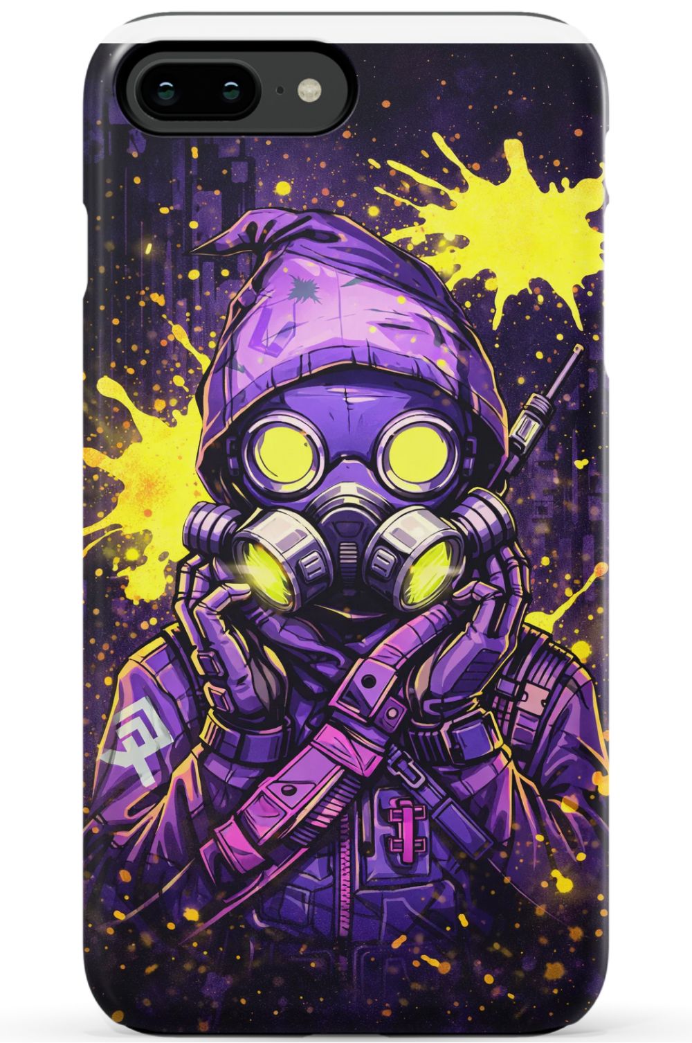 Masked figure in cyberpunk cityscape