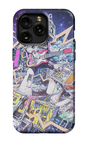 Robot rocking out with electric guitar