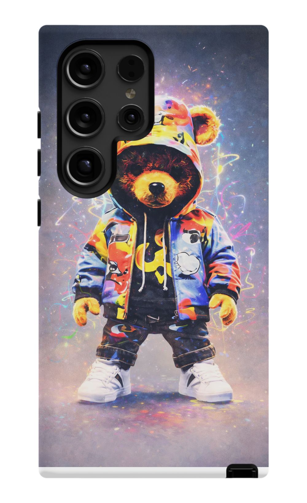 Teddy bear in vibrant streetwear