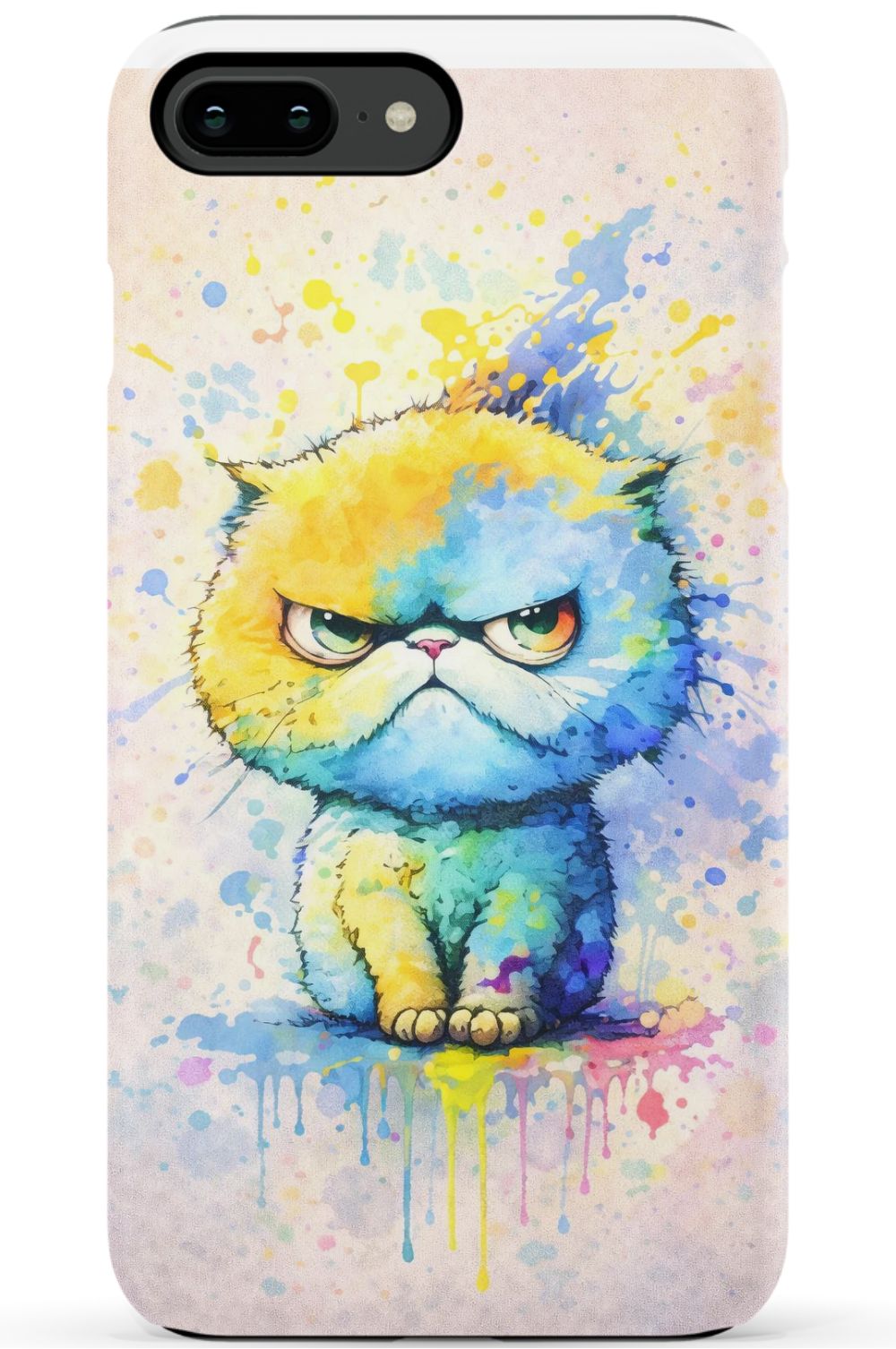 Grumpy cat in vibrant paint splash