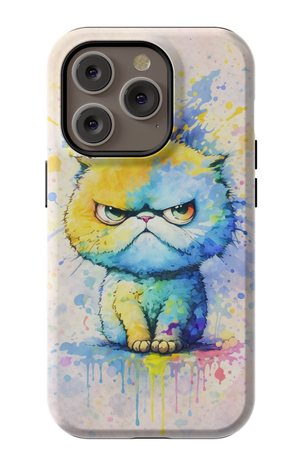Grumpy cat in vibrant paint splash