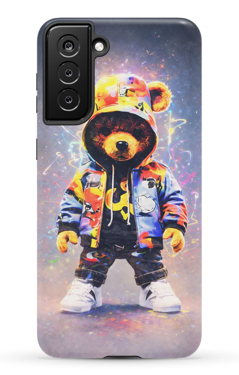 Teddy bear in vibrant streetwear