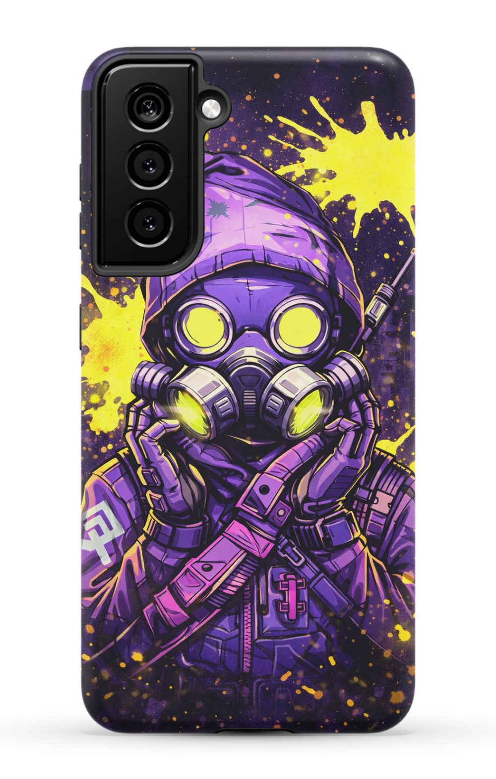Masked figure in cyberpunk cityscape