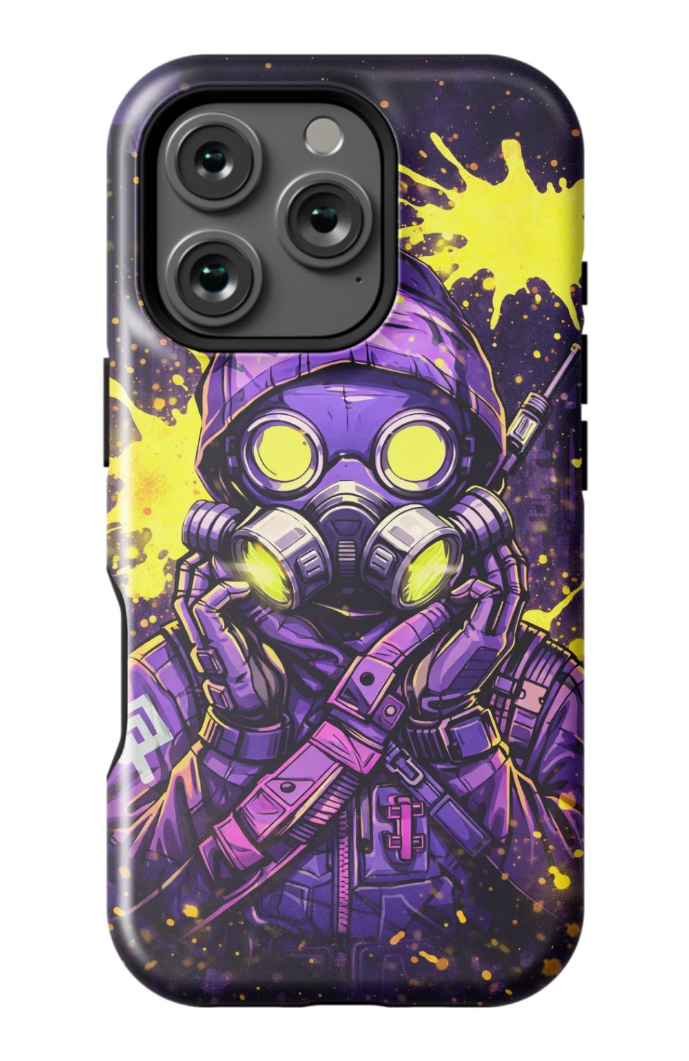 Masked figure in cyberpunk cityscape