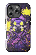 Masked figure in cyberpunk cityscape