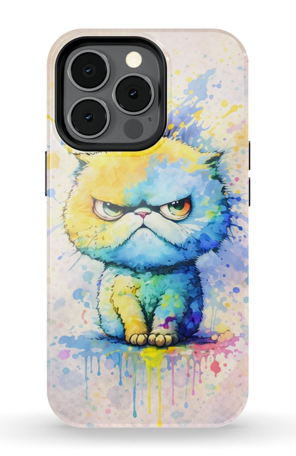 Grumpy cat in vibrant paint splash