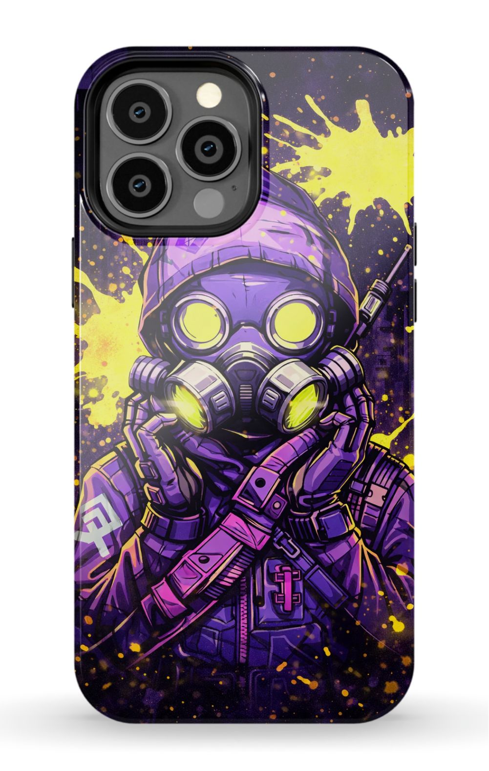 Masked figure in cyberpunk cityscape
