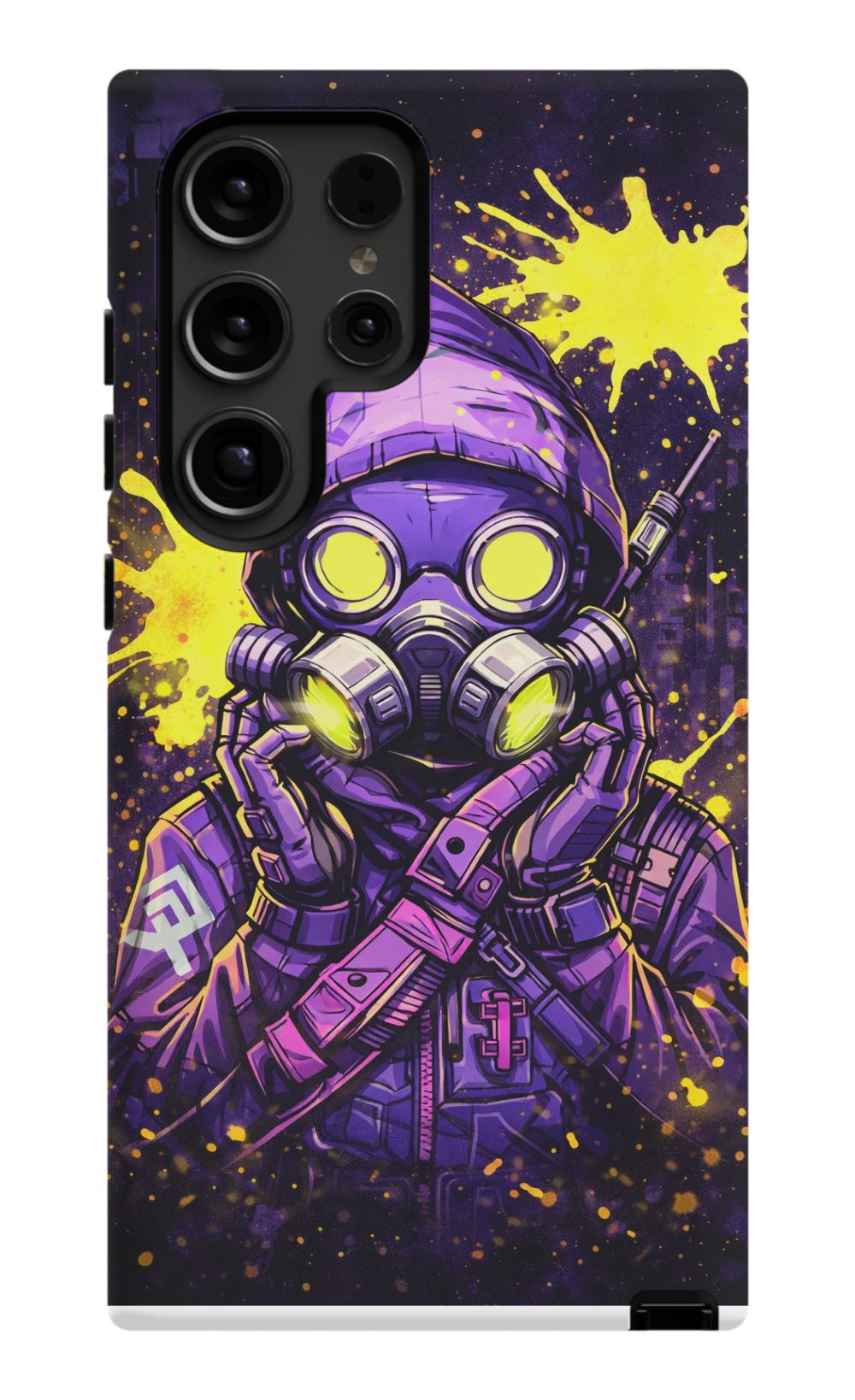 Masked figure in cyberpunk cityscape