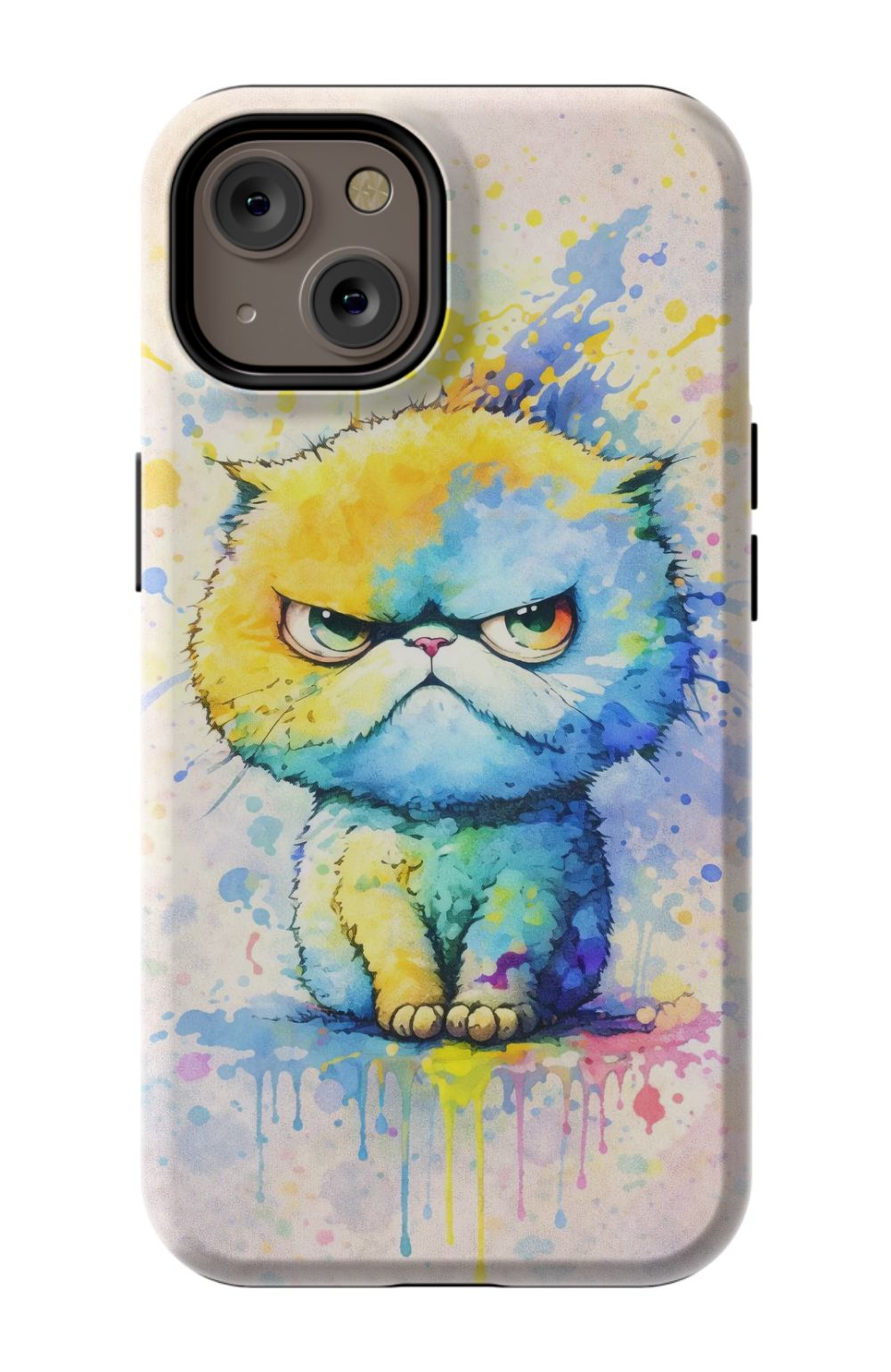 Grumpy cat in vibrant paint splash