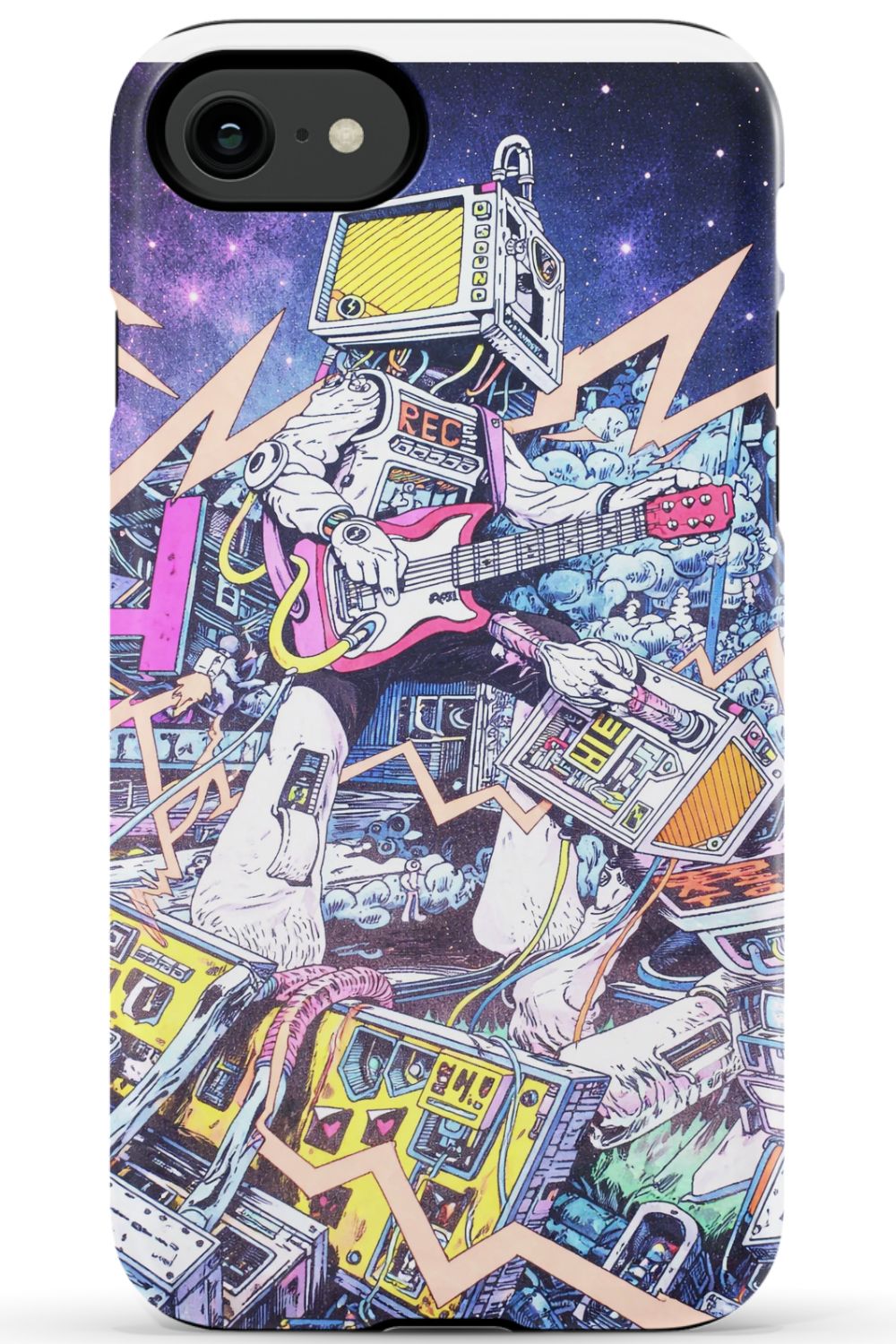 Robot rocking out with electric guitar