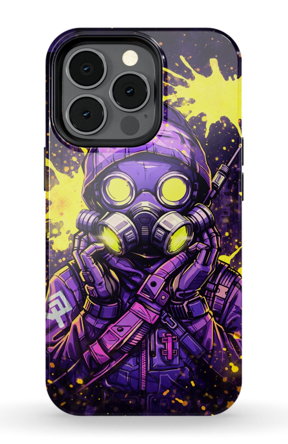 Masked figure in cyberpunk cityscape