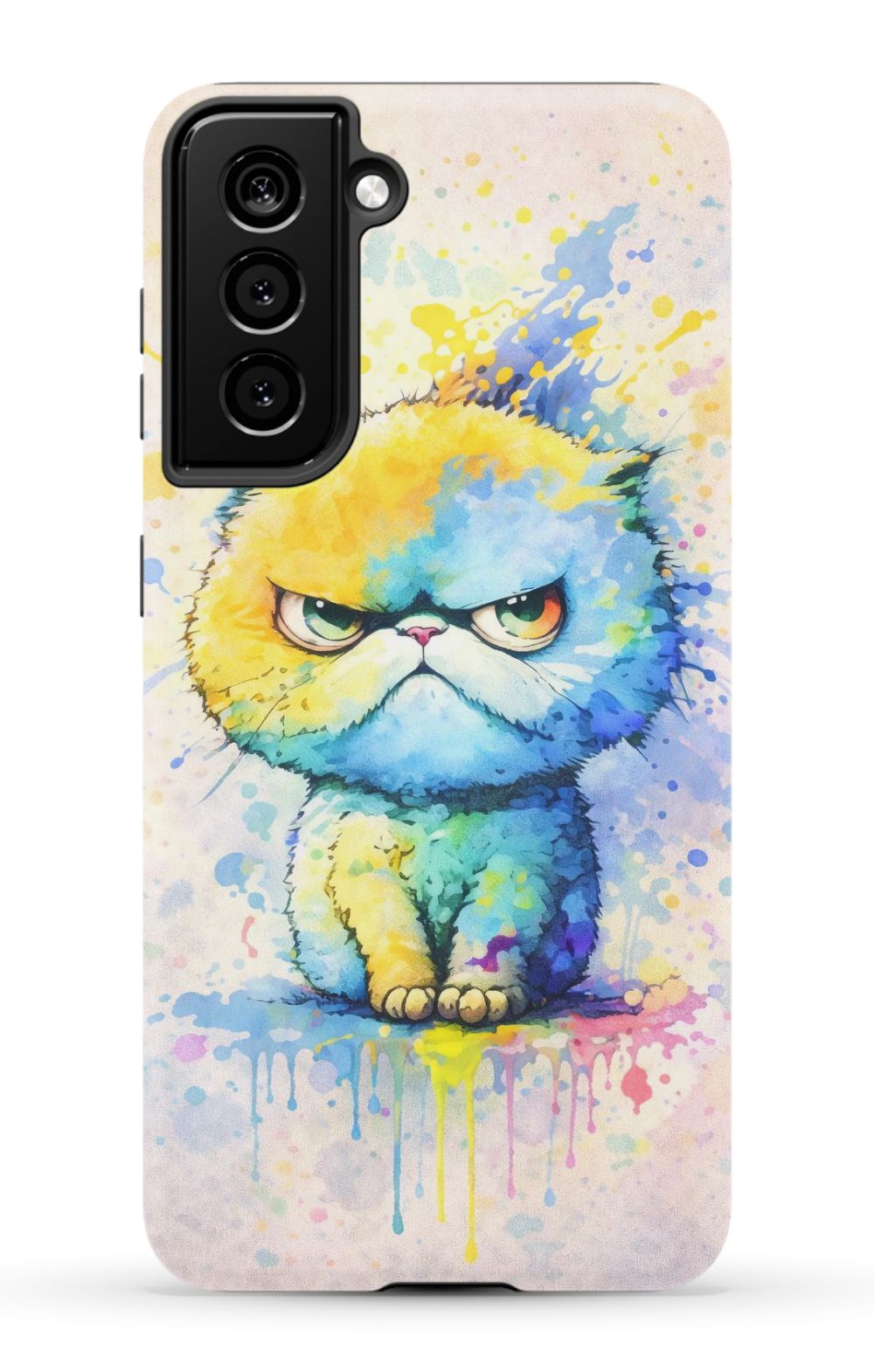 Grumpy cat in vibrant paint splash