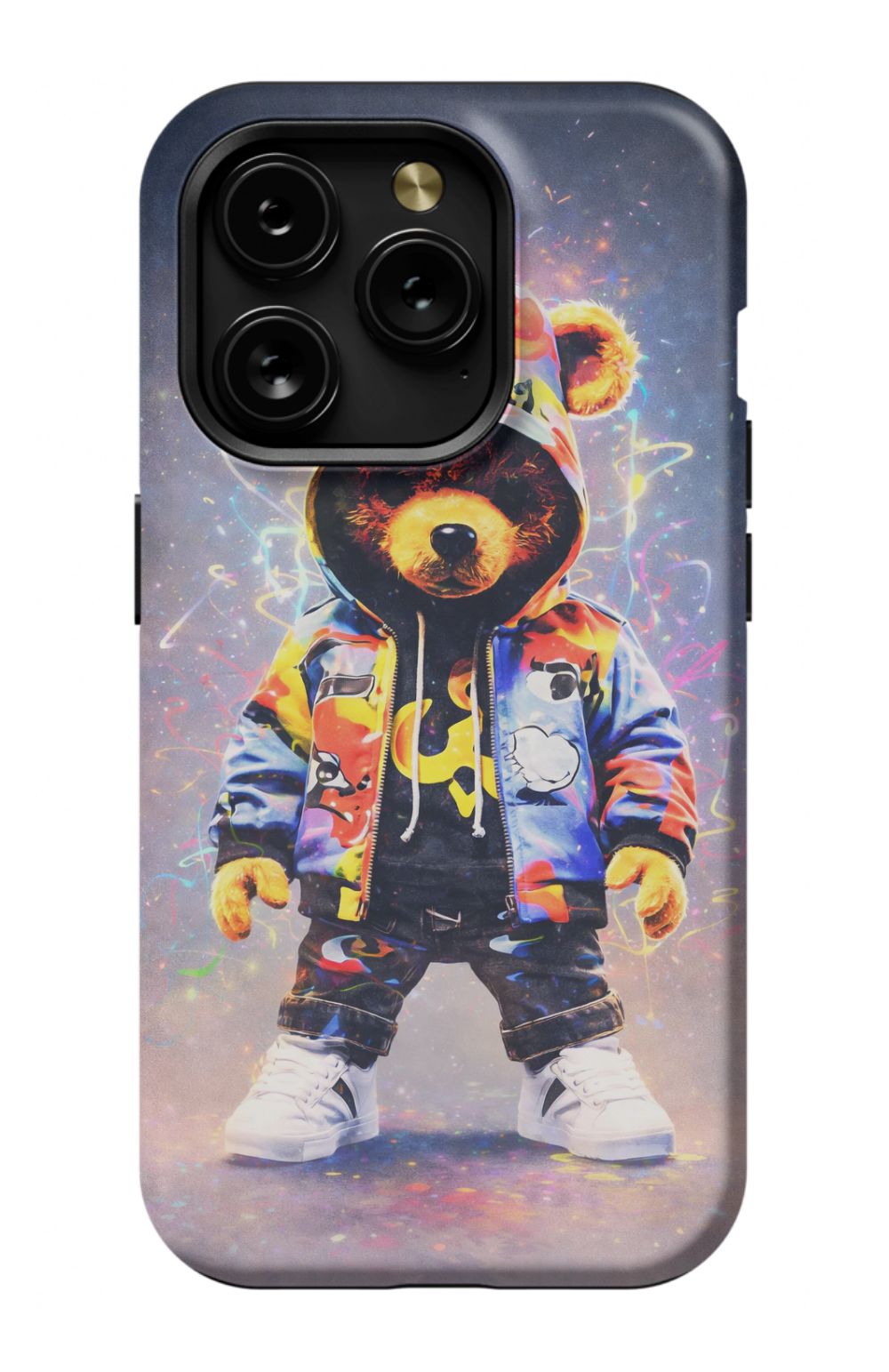 Teddy bear in vibrant streetwear