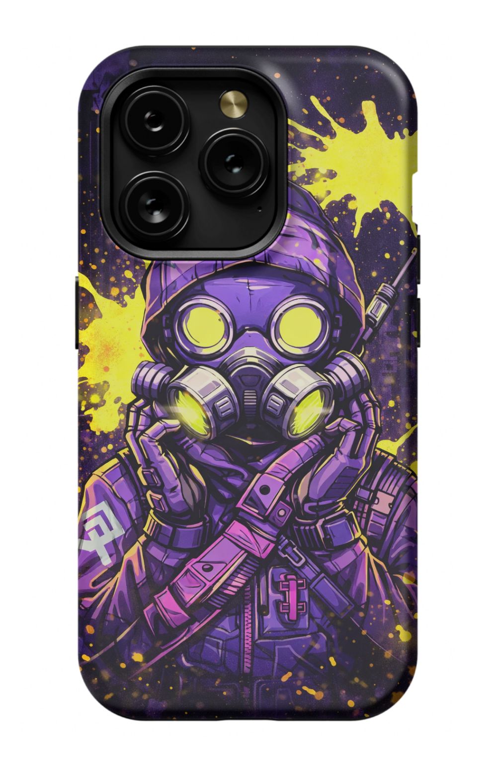 Masked figure in cyberpunk cityscape