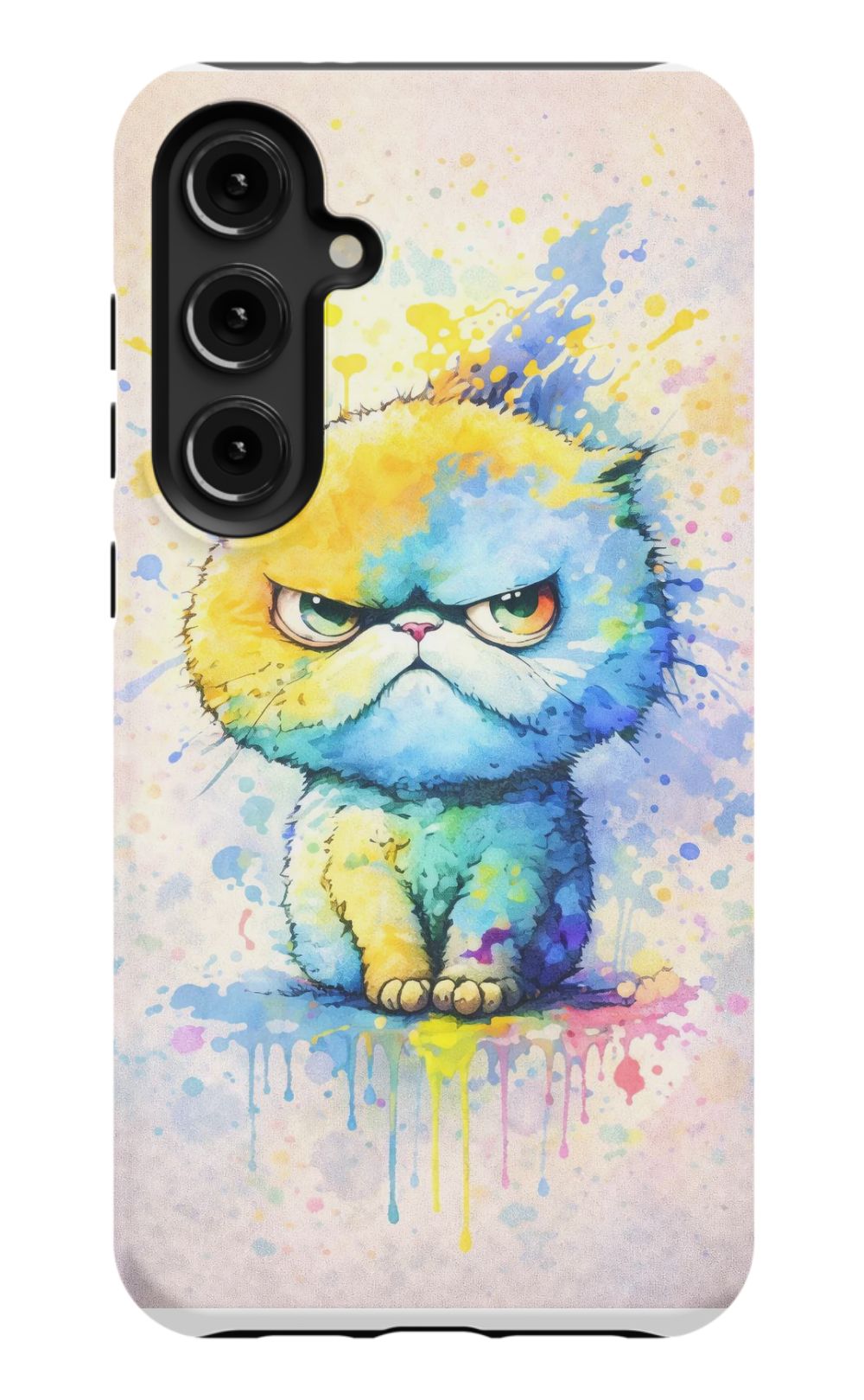 Grumpy cat in vibrant paint splash