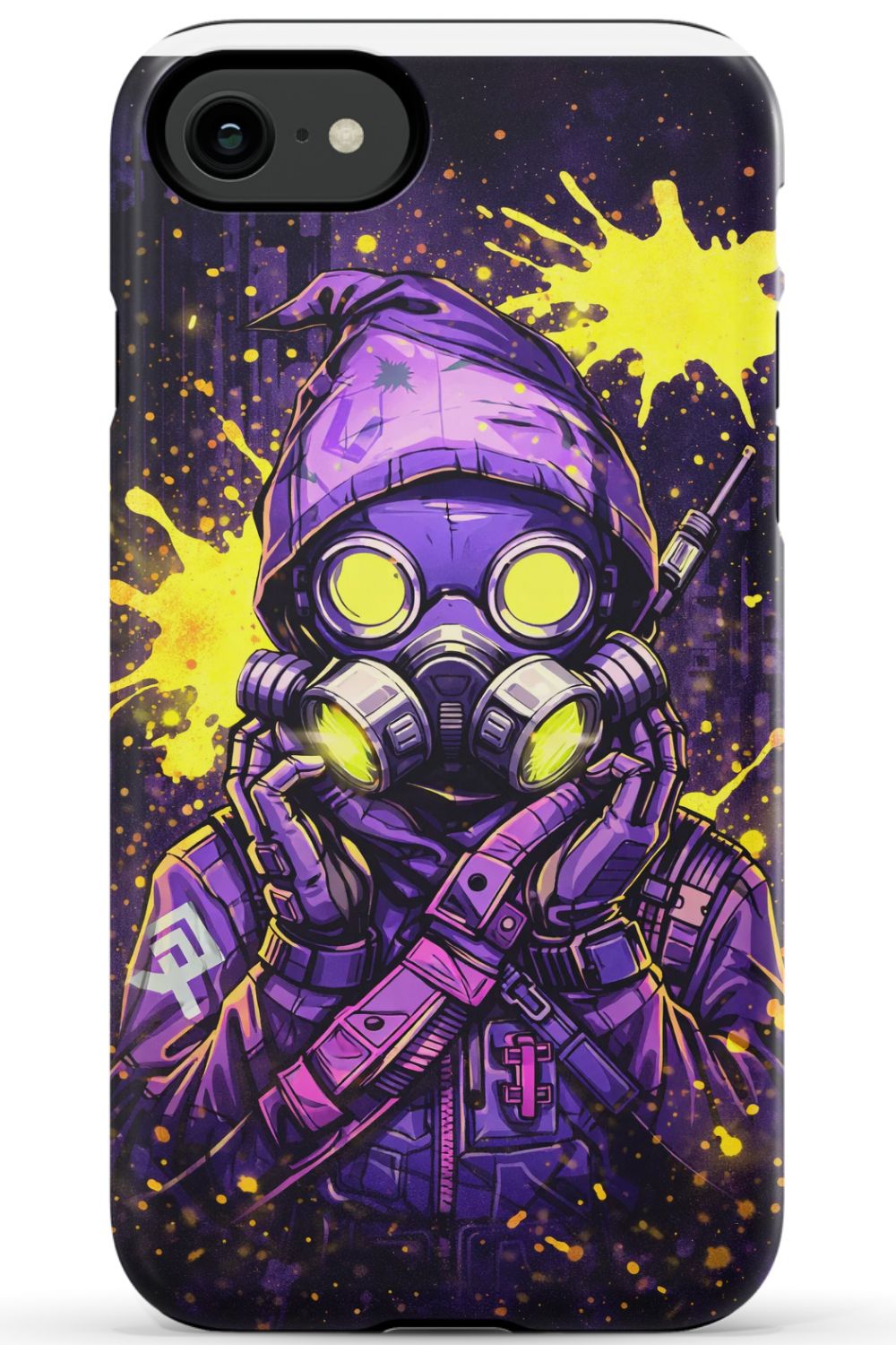 Masked figure in cyberpunk cityscape