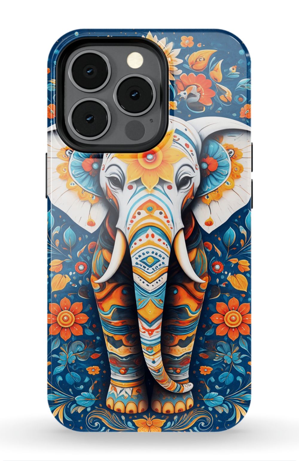 Ornate elephant with vibrant folk art