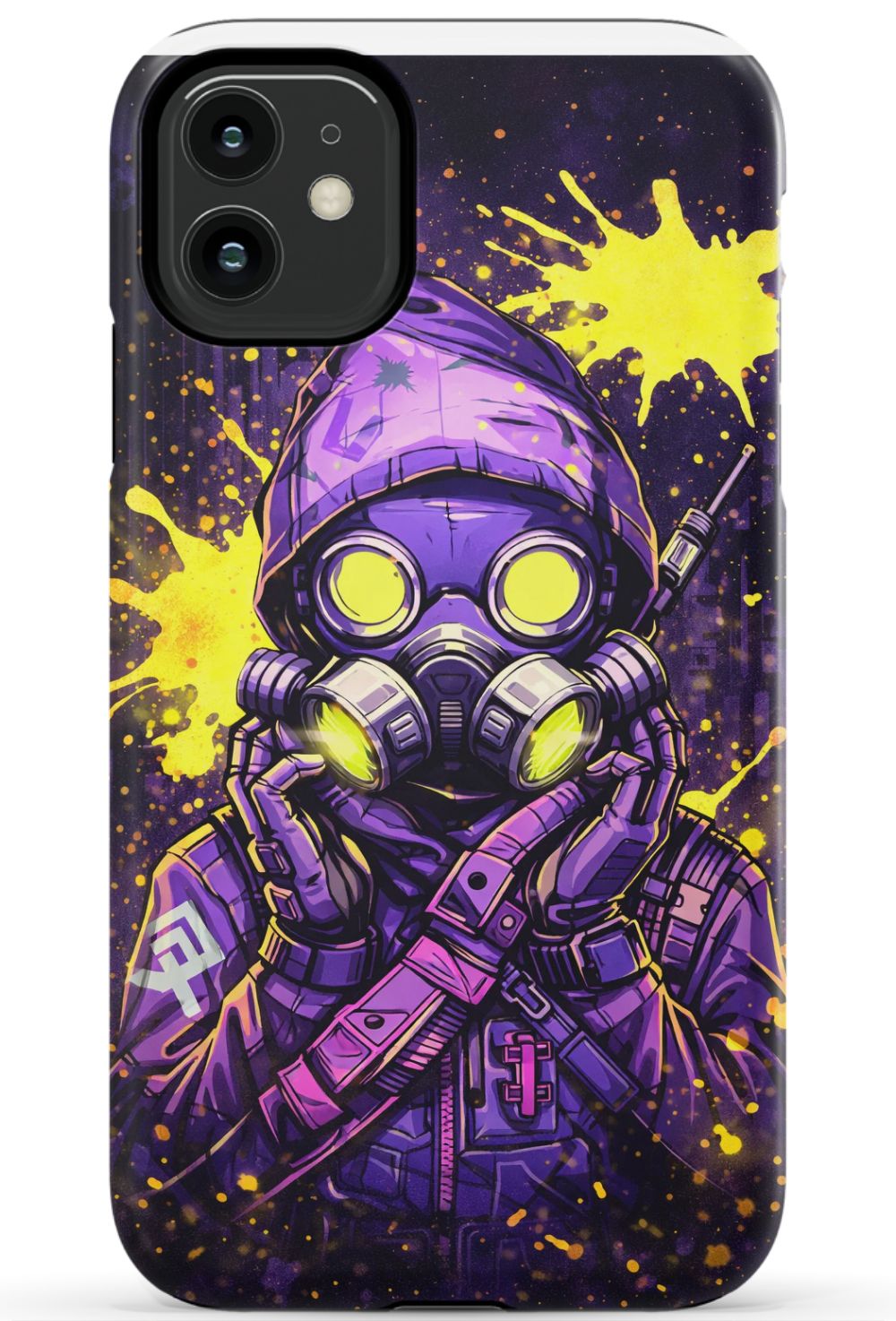 Masked figure in cyberpunk cityscape