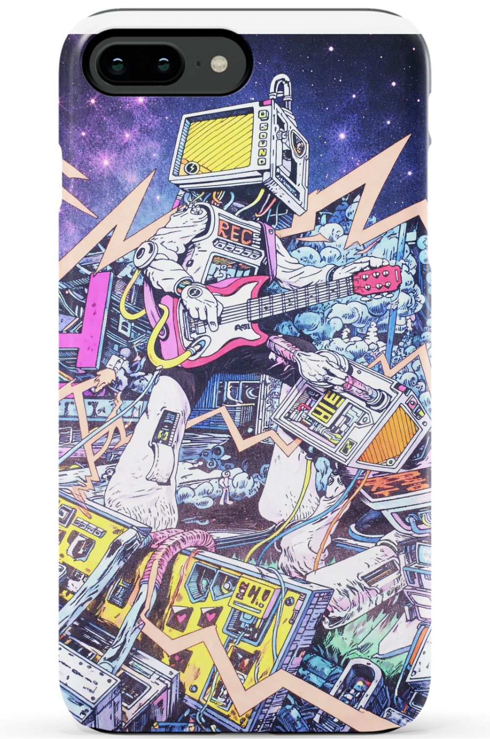 Robot rocking out with electric guitar