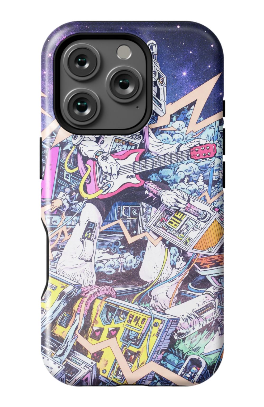 Robot rocking out with electric guitar