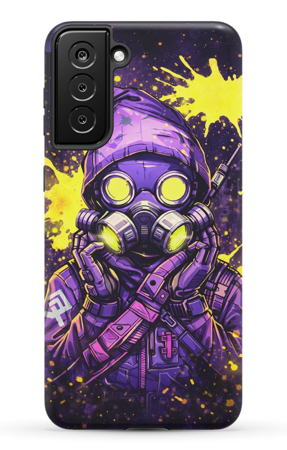 Masked figure in cyberpunk cityscape