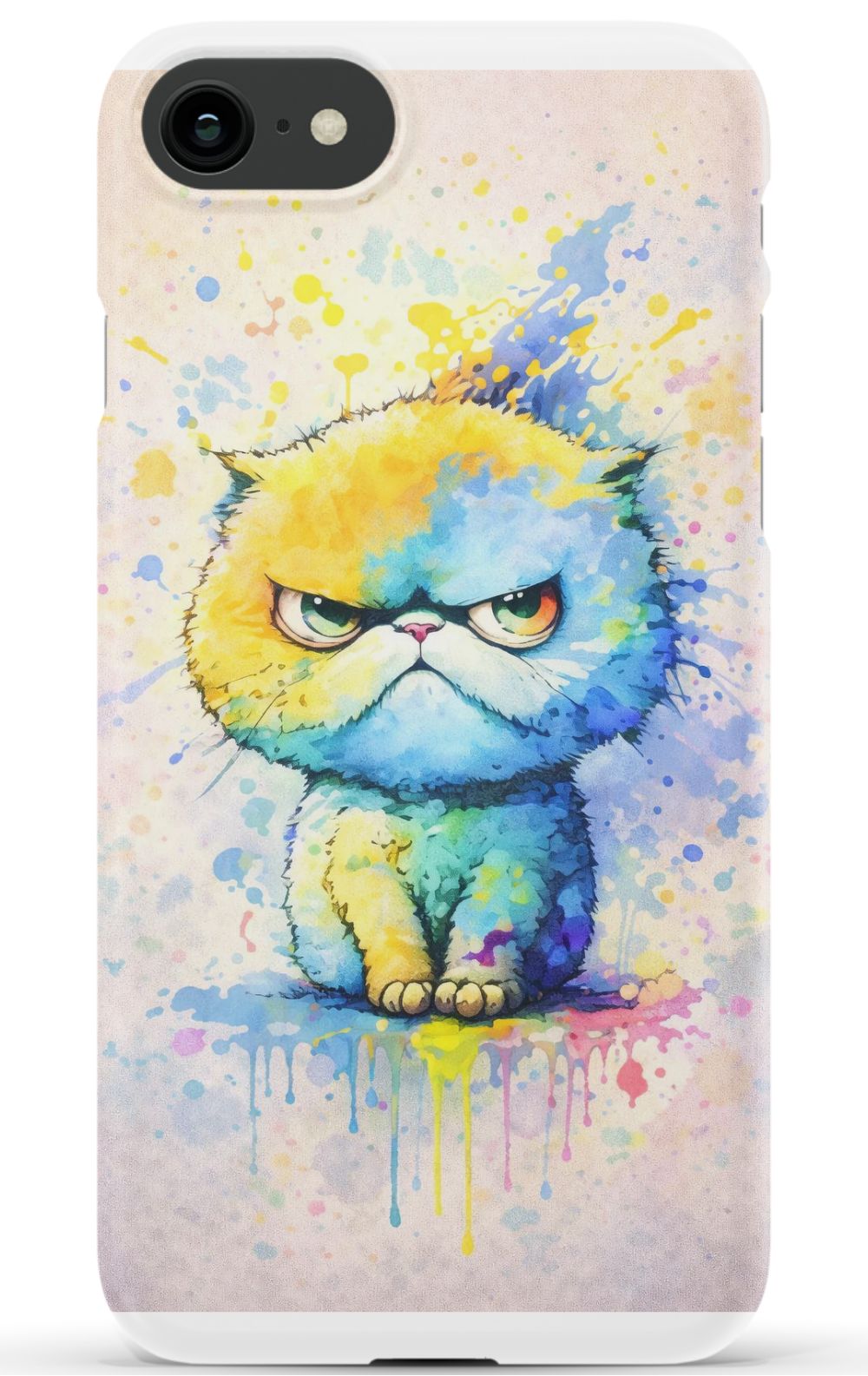 Grumpy cat in vibrant paint splash