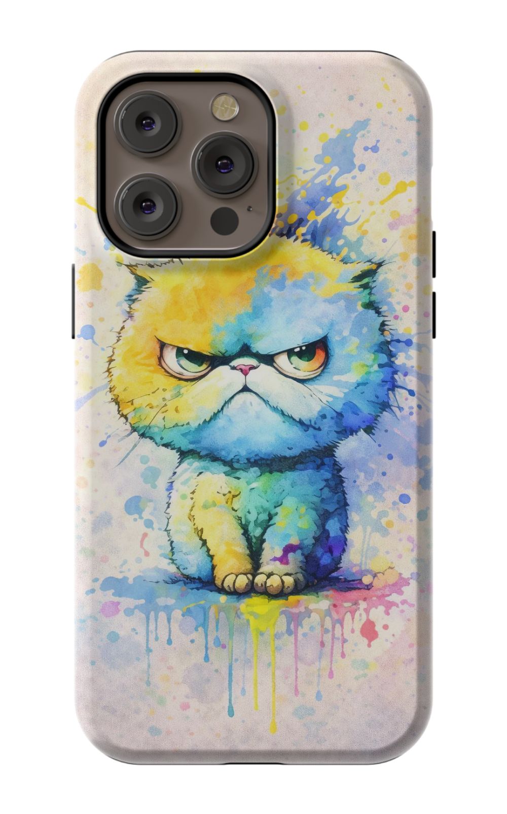Grumpy cat in vibrant paint splash