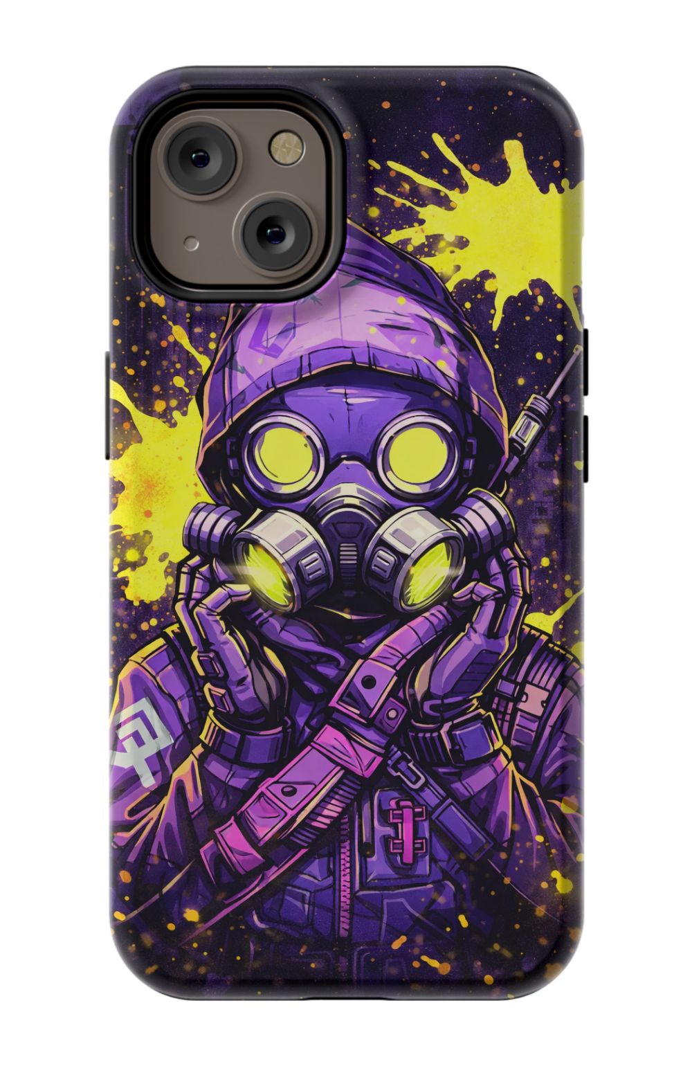 Masked figure in cyberpunk cityscape