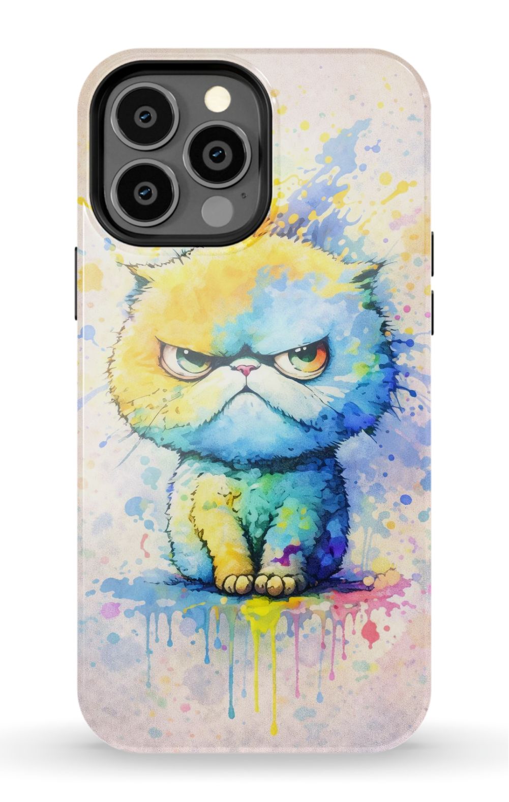 Grumpy cat in vibrant paint splash