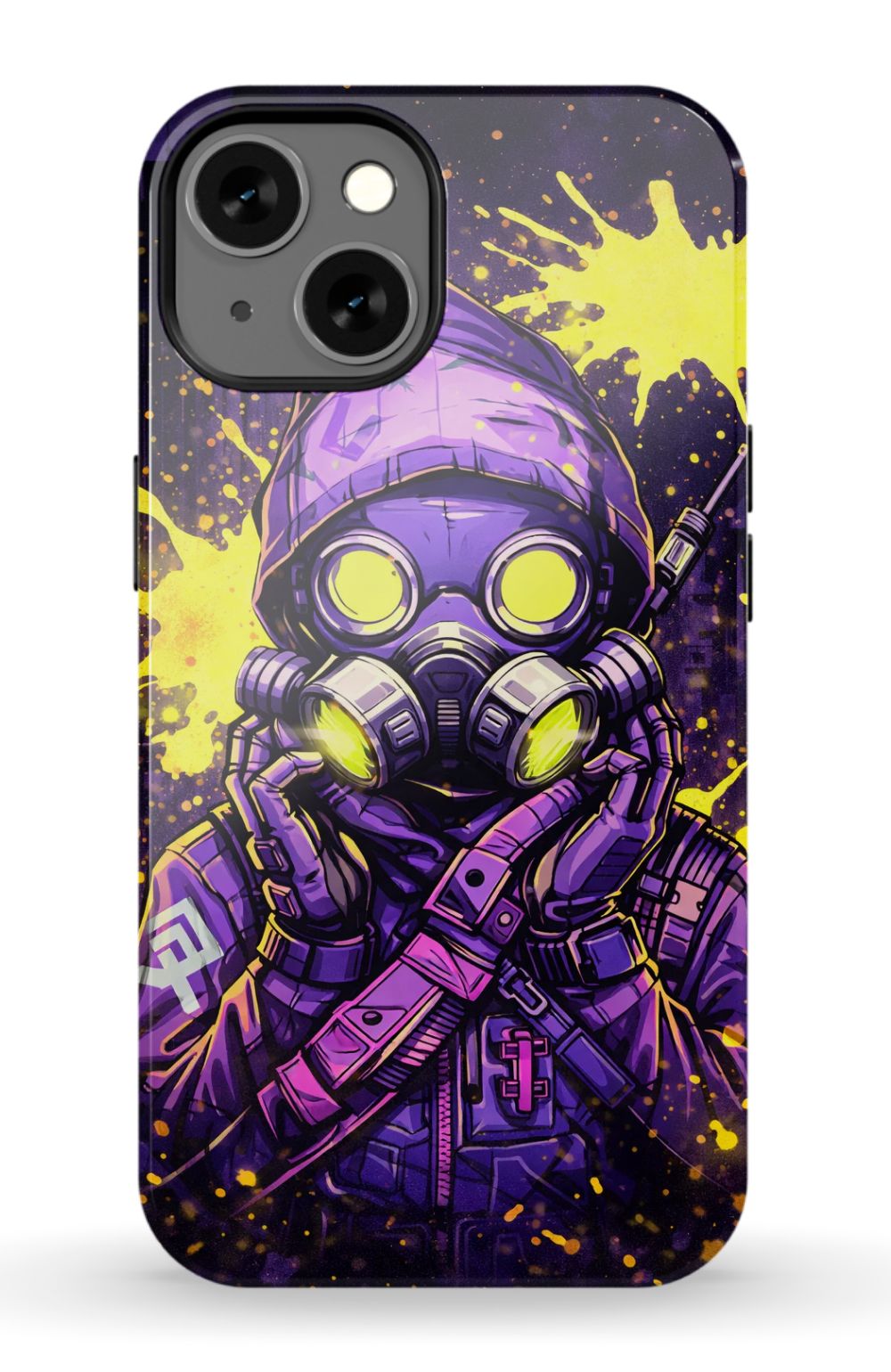 Masked figure in cyberpunk cityscape