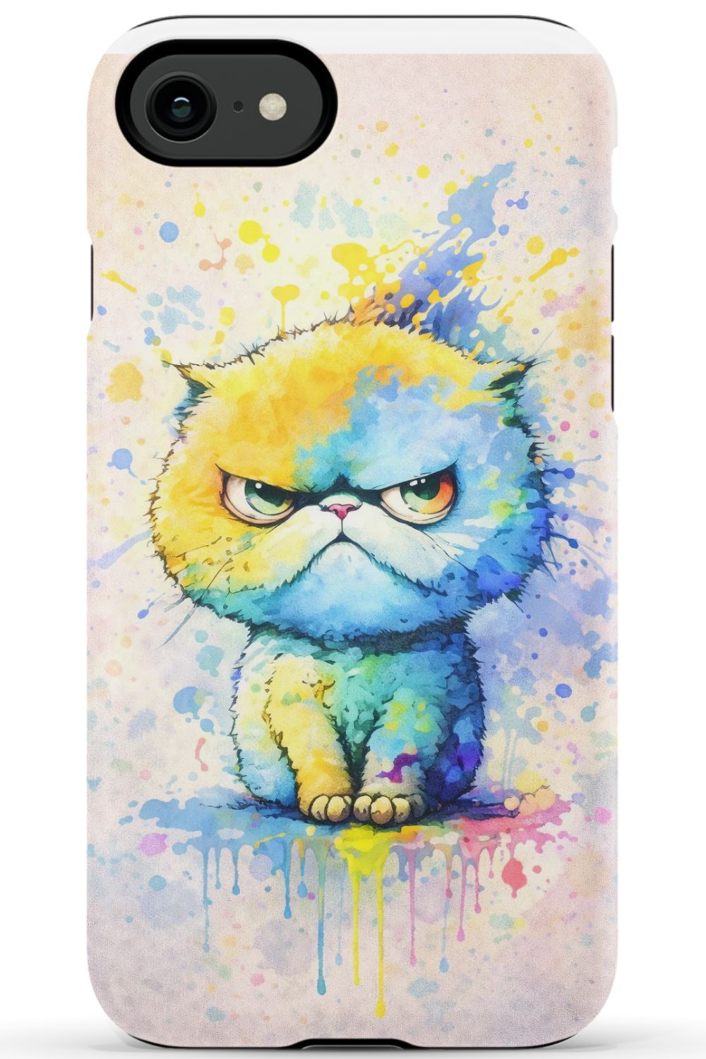 Grumpy cat in vibrant paint splash