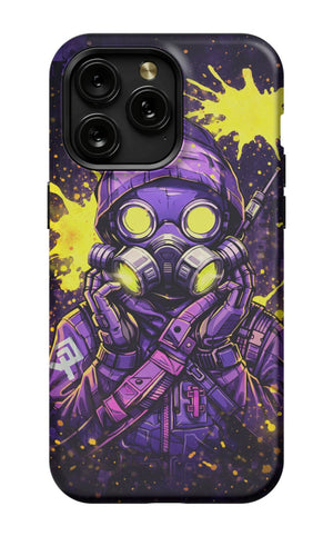 Masked figure in cyberpunk cityscape