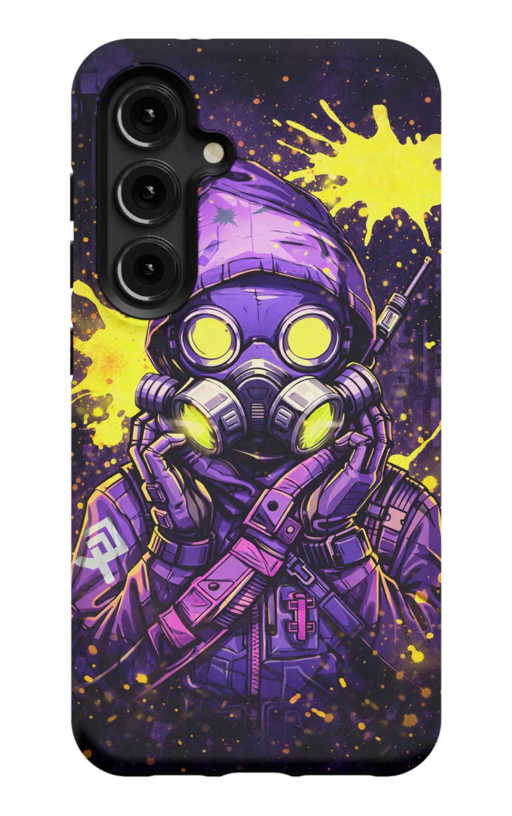 Masked figure in cyberpunk cityscape