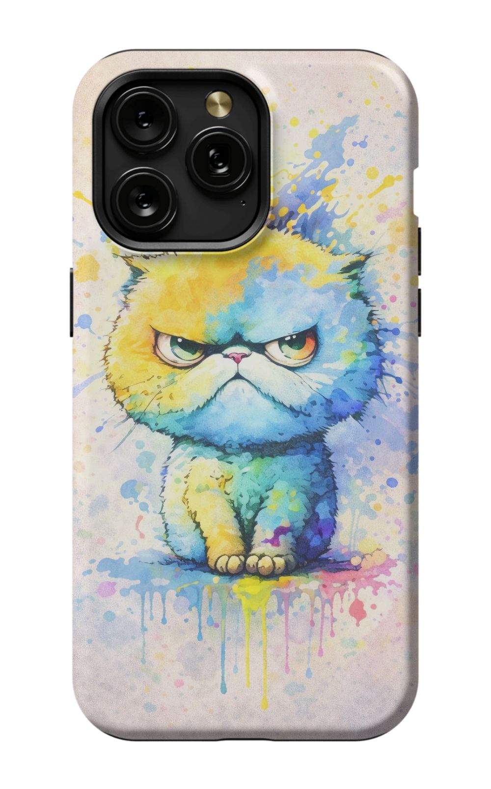 Grumpy cat in vibrant paint splash