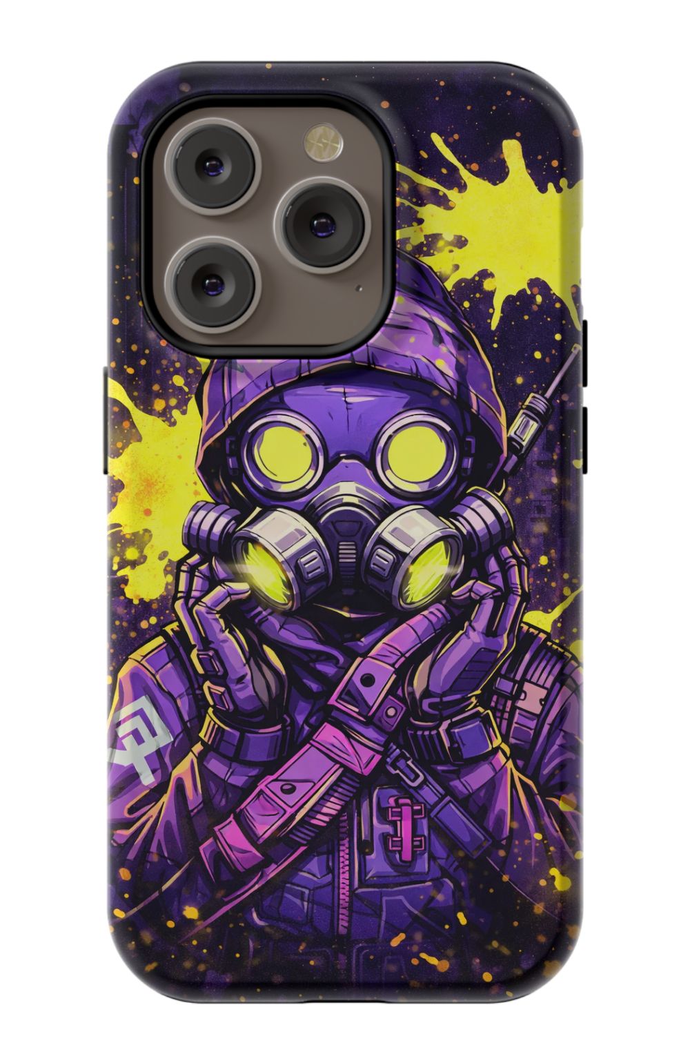 Masked figure in cyberpunk cityscape