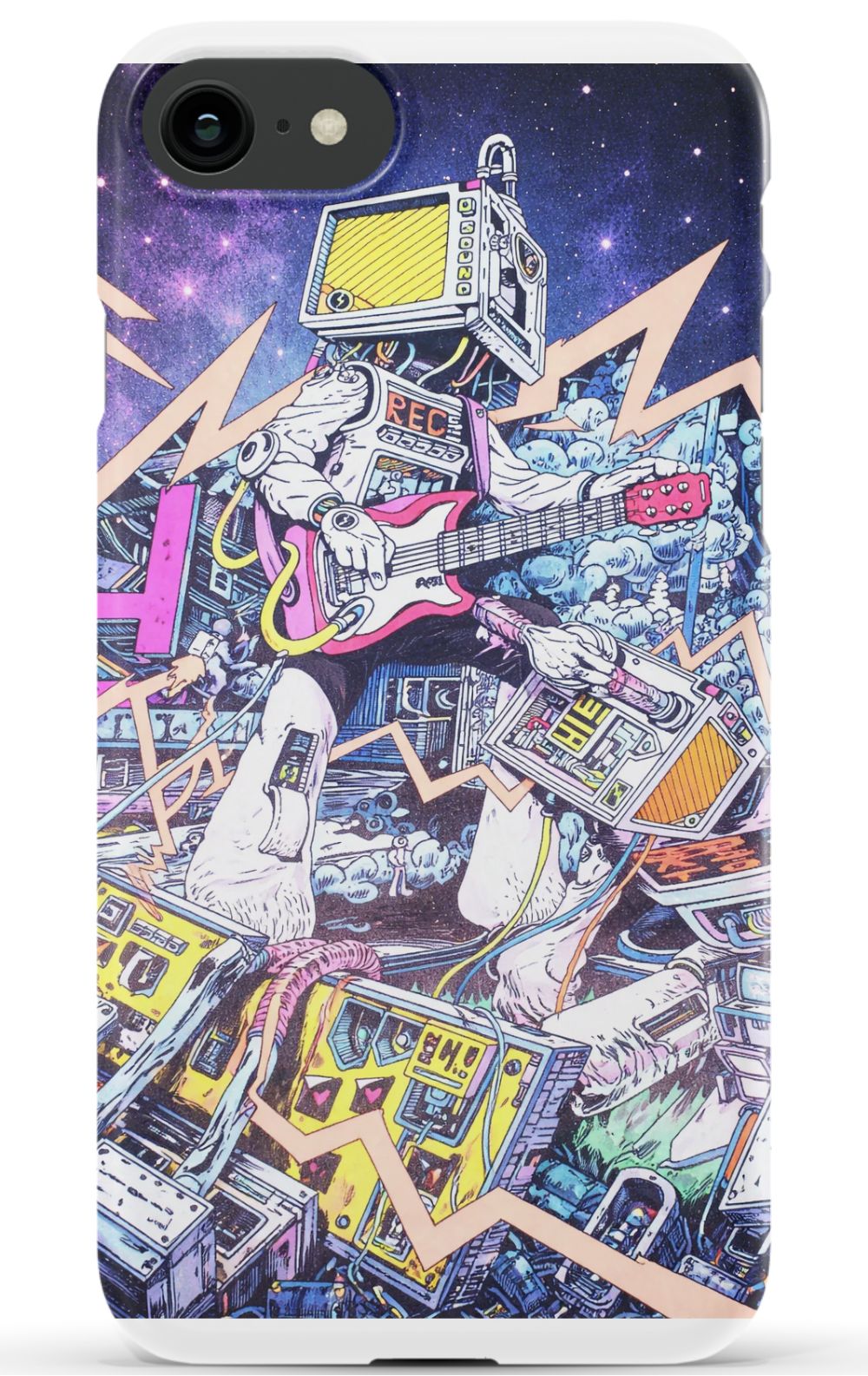 Robot rocking out with electric guitar