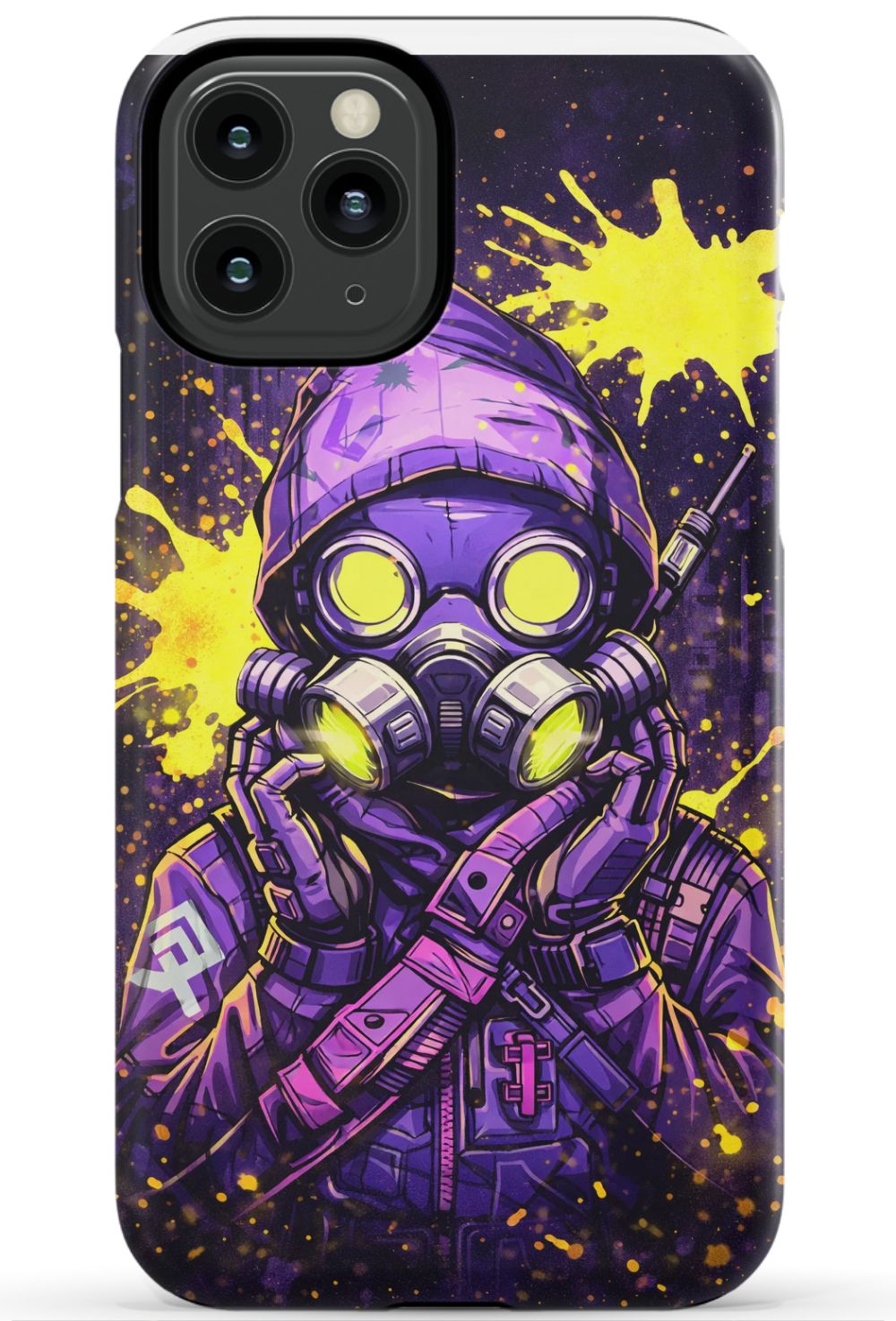 Masked figure in cyberpunk cityscape