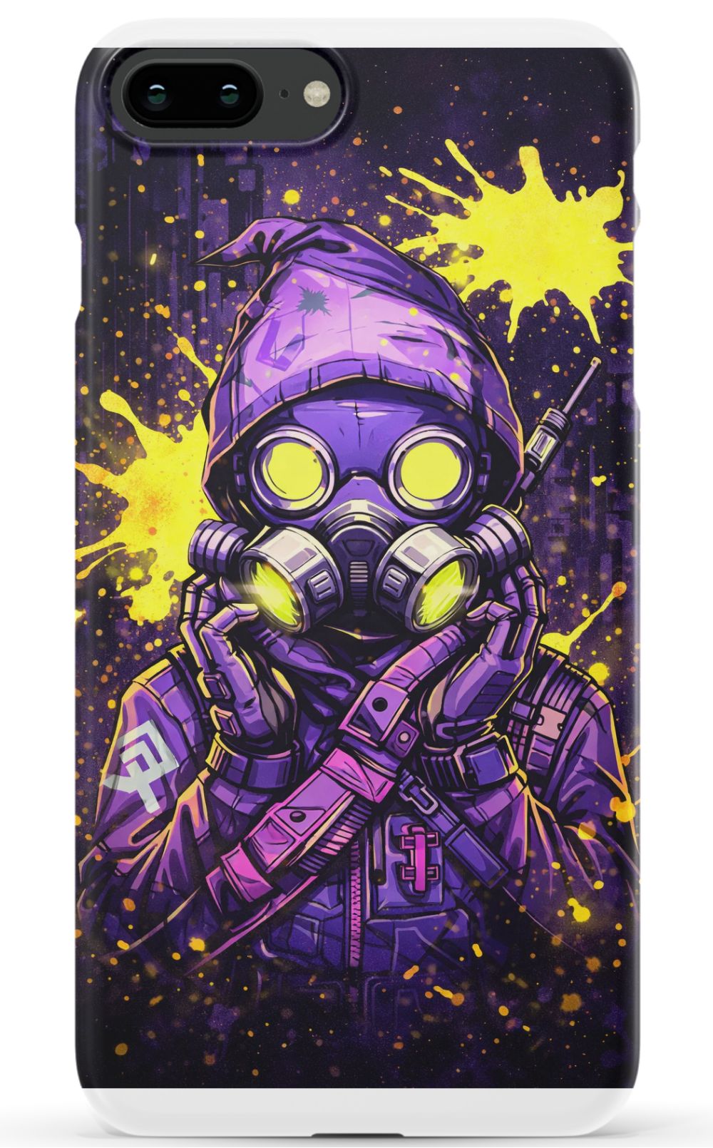 Masked figure in cyberpunk cityscape