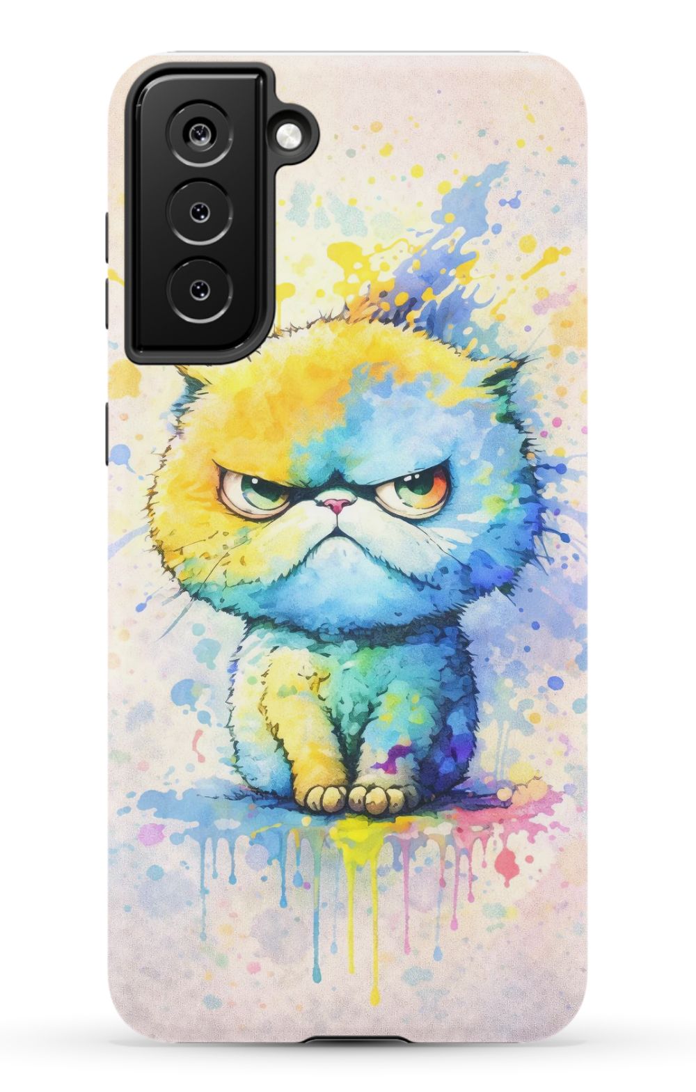 Grumpy cat in vibrant paint splash