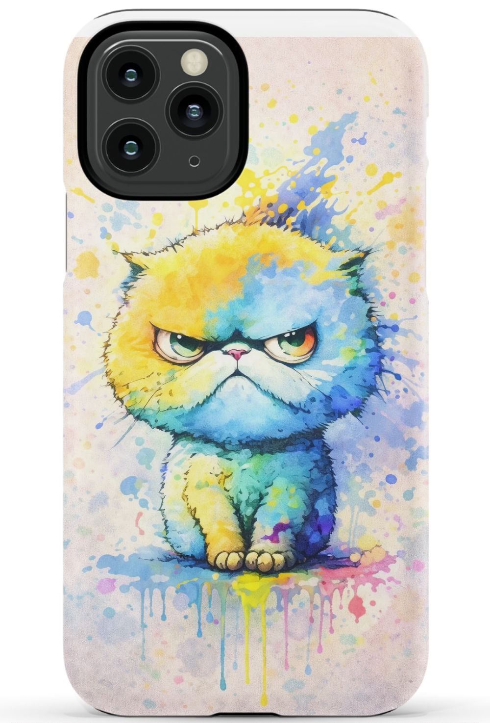 Grumpy cat in vibrant paint splash