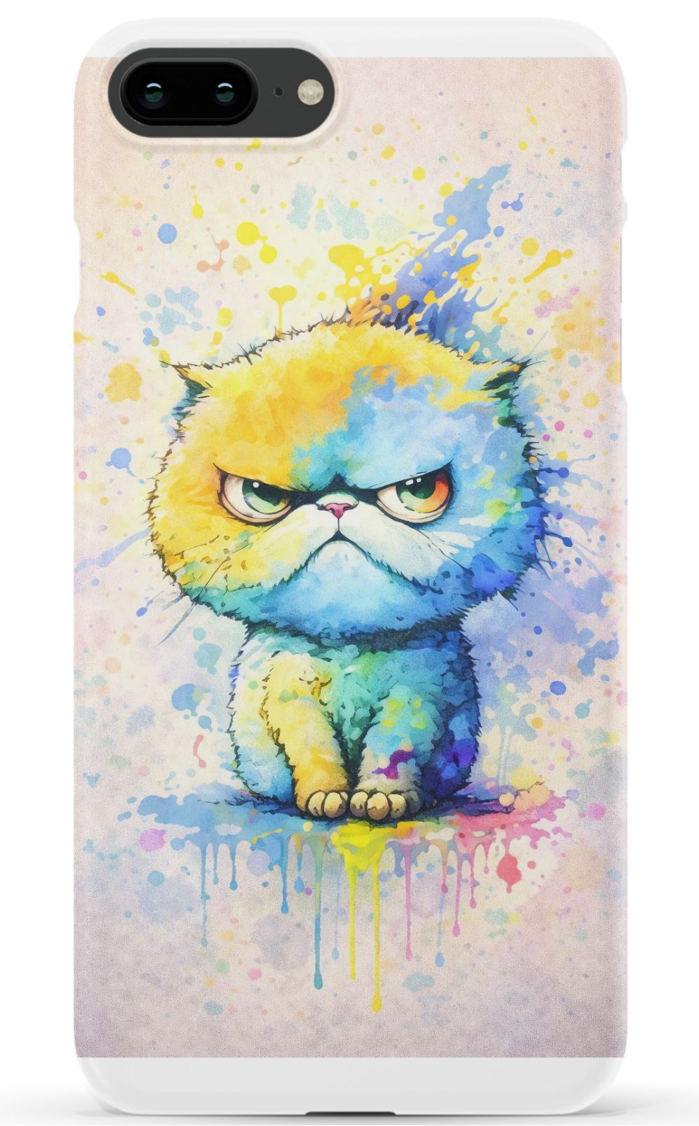Grumpy cat in vibrant paint splash