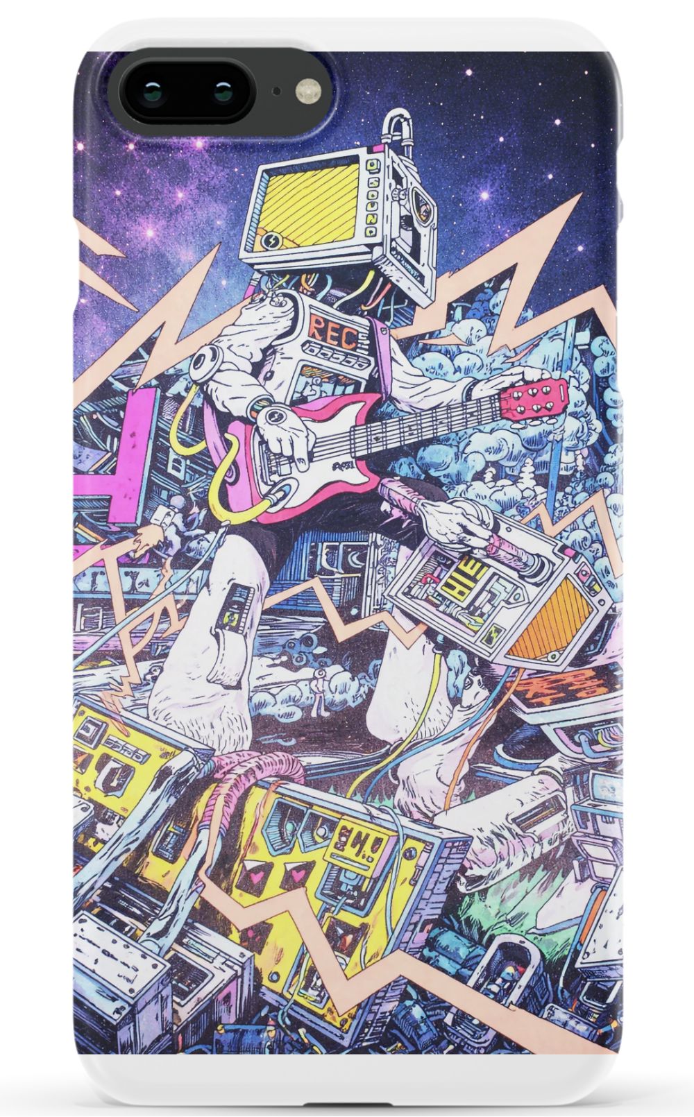 Robot rocking out with electric guitar