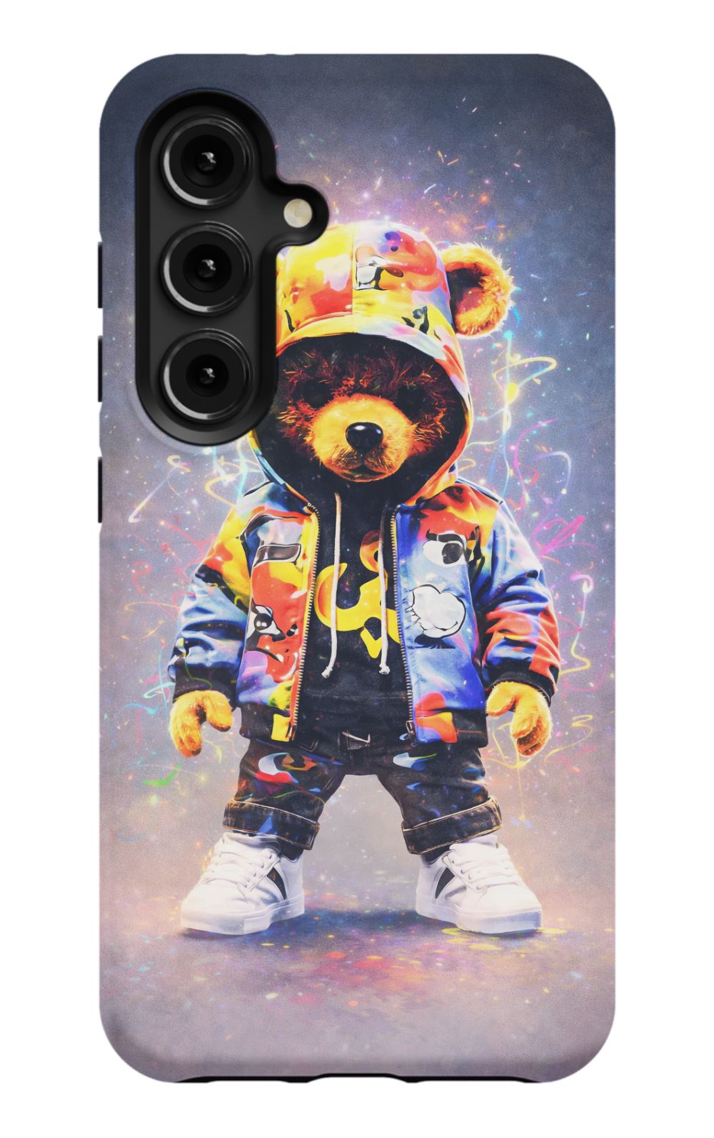 Teddy bear in vibrant streetwear