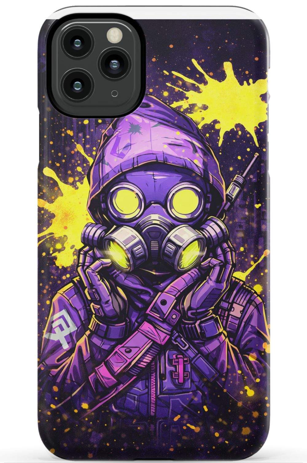 Masked figure in cyberpunk cityscape