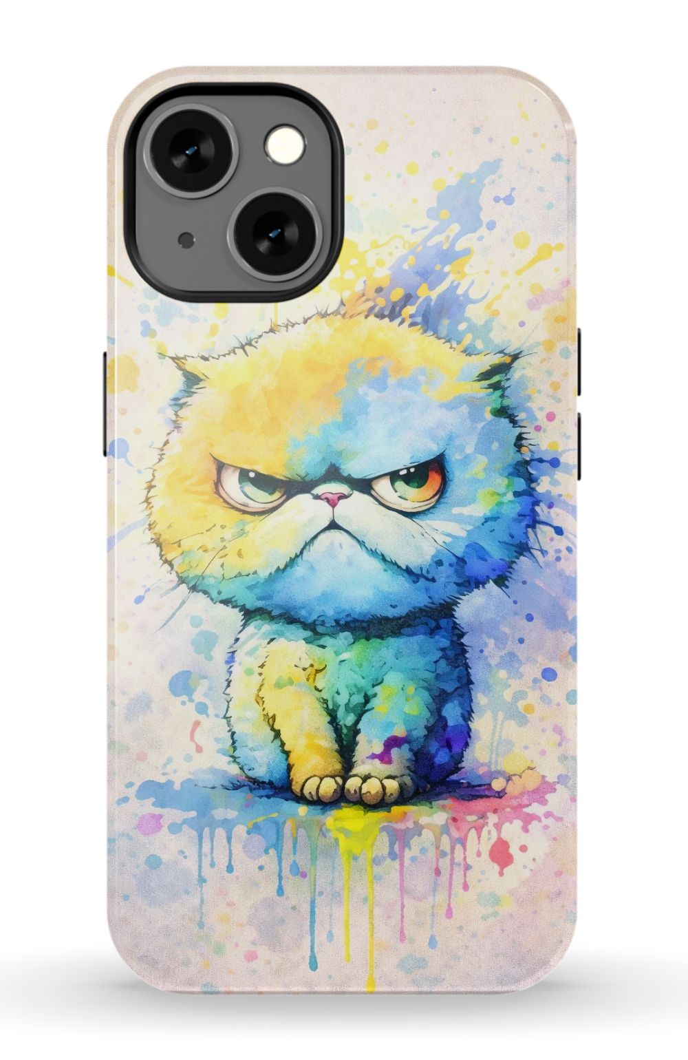 Grumpy cat in vibrant paint splash
