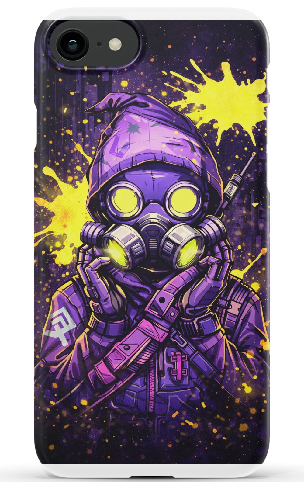Masked figure in cyberpunk cityscape