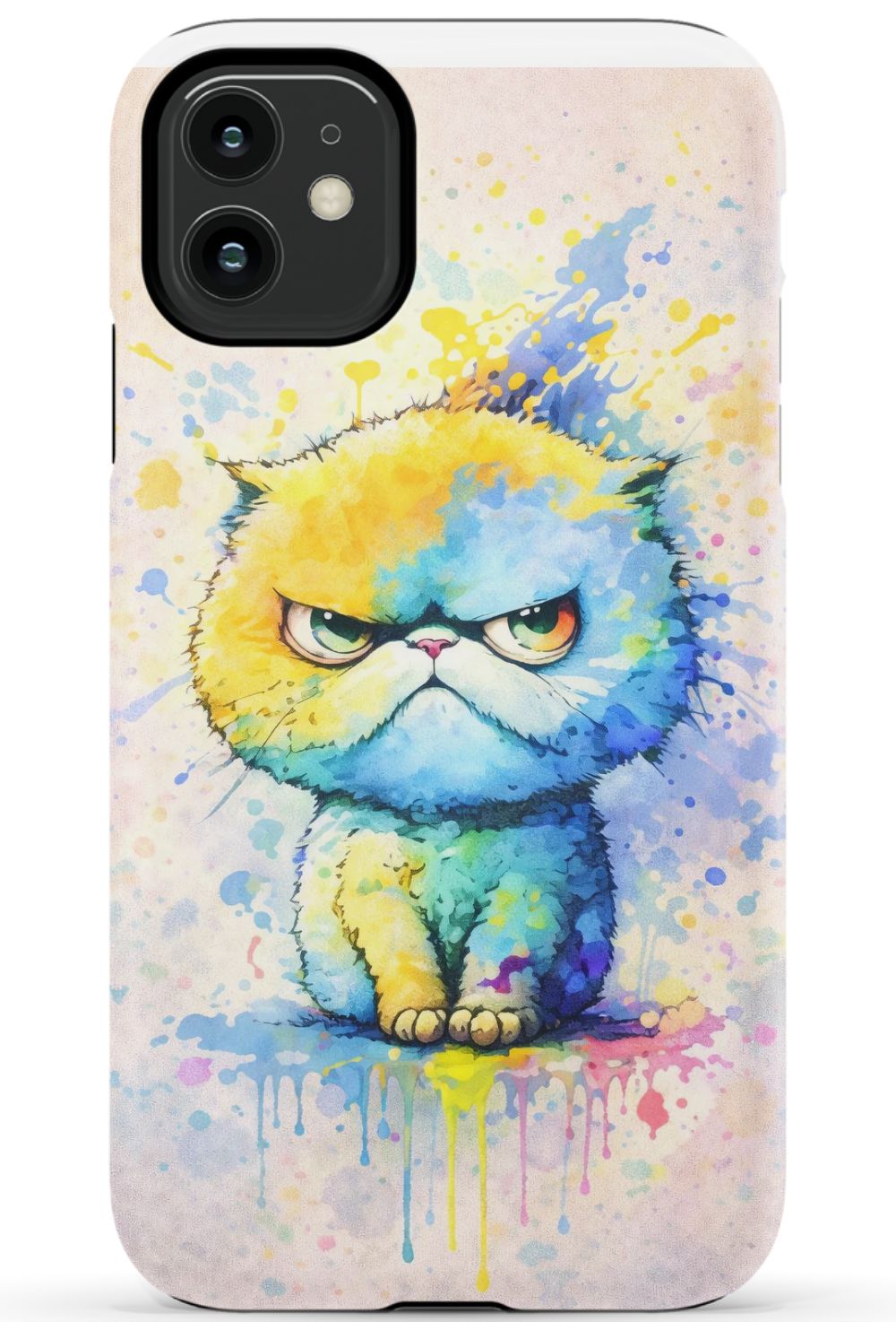 Grumpy cat in vibrant paint splash