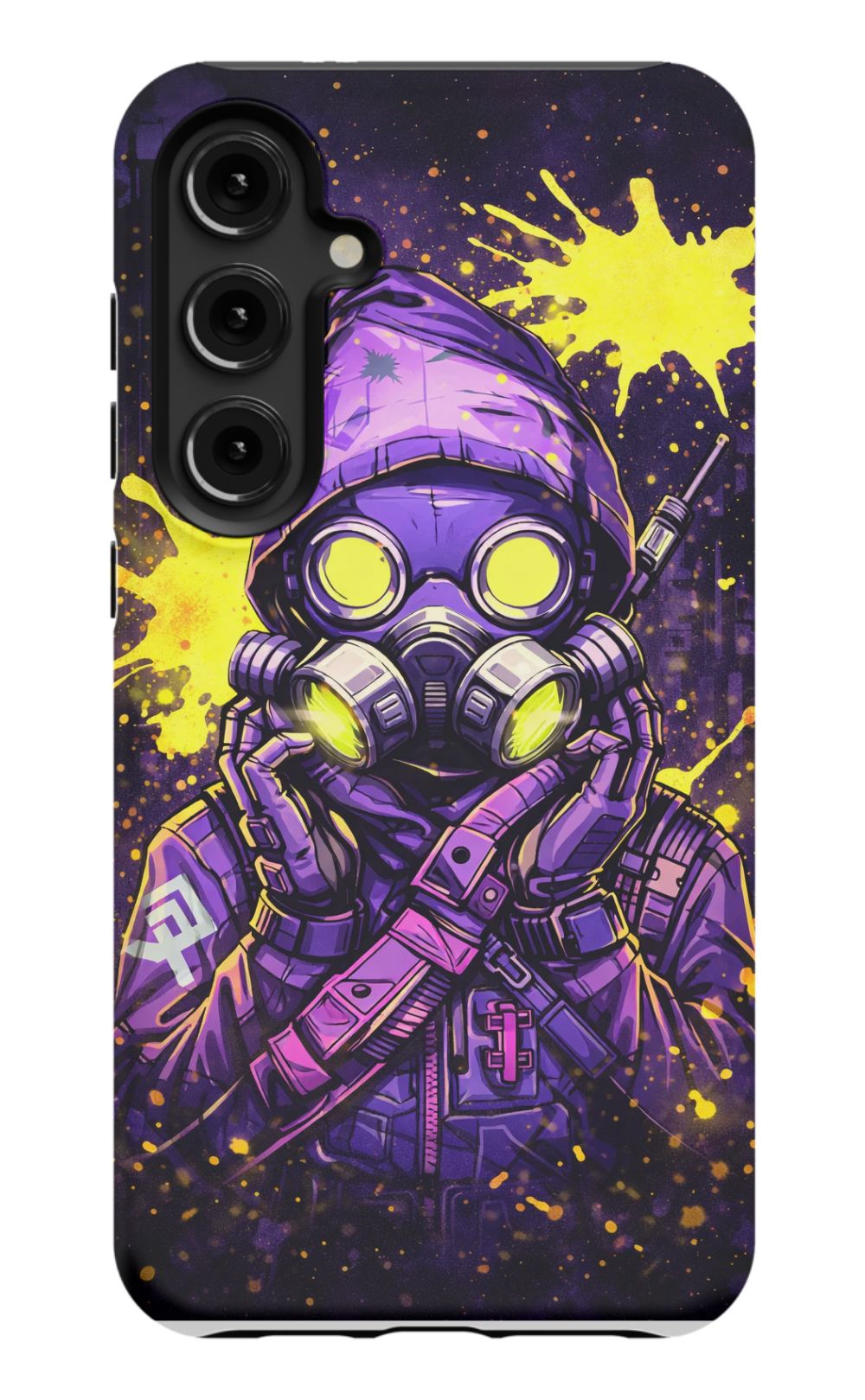Masked figure in cyberpunk cityscape
