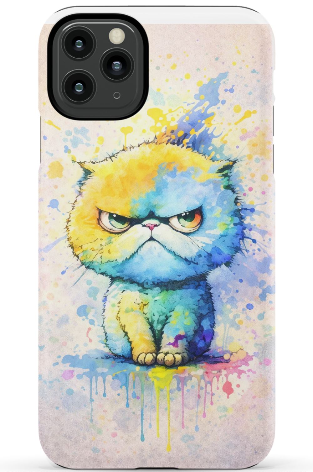 Grumpy cat in vibrant paint splash